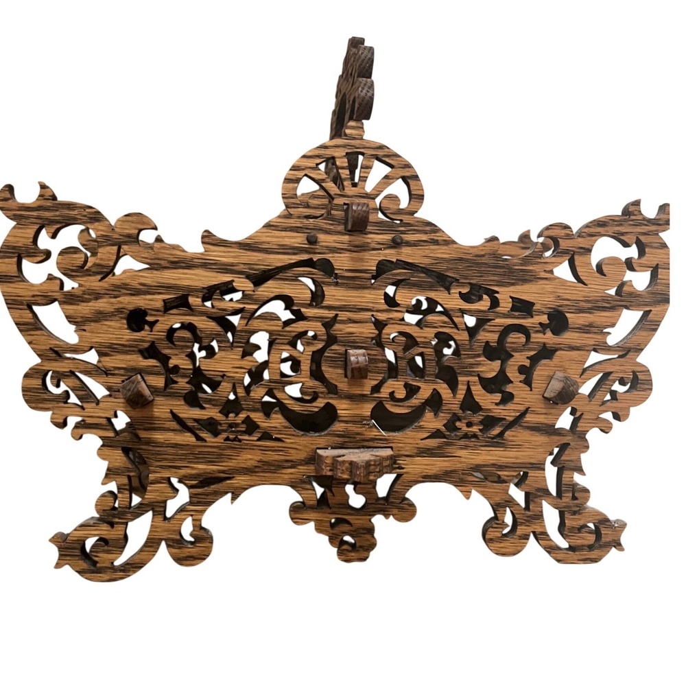 Folk‎ art Handmade fretwork wooden basket hinged compartments signed